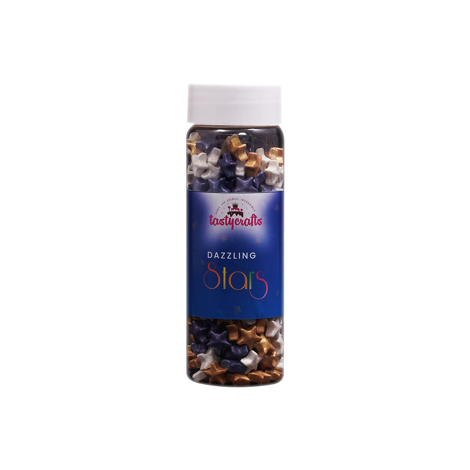 Tastycrafts Edible Star Shaped Sugar Sprinkles for Cake Decoration | Star Candy for Cake Decor | for Cake Decorations & Toppings | for Dessert, Cakes, Cupcakes, Waffles, Cookies (Purple, White & Gold)