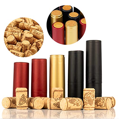180 Pack Wine Bottle Corks and Seals, 3 Colors (Red, Black, Gold) 90 Count PVC Heat Shrink Capsules and 90 Count Natural Wine Corks for Wine Bottles, Premium Straight Cork Stopper Size 8