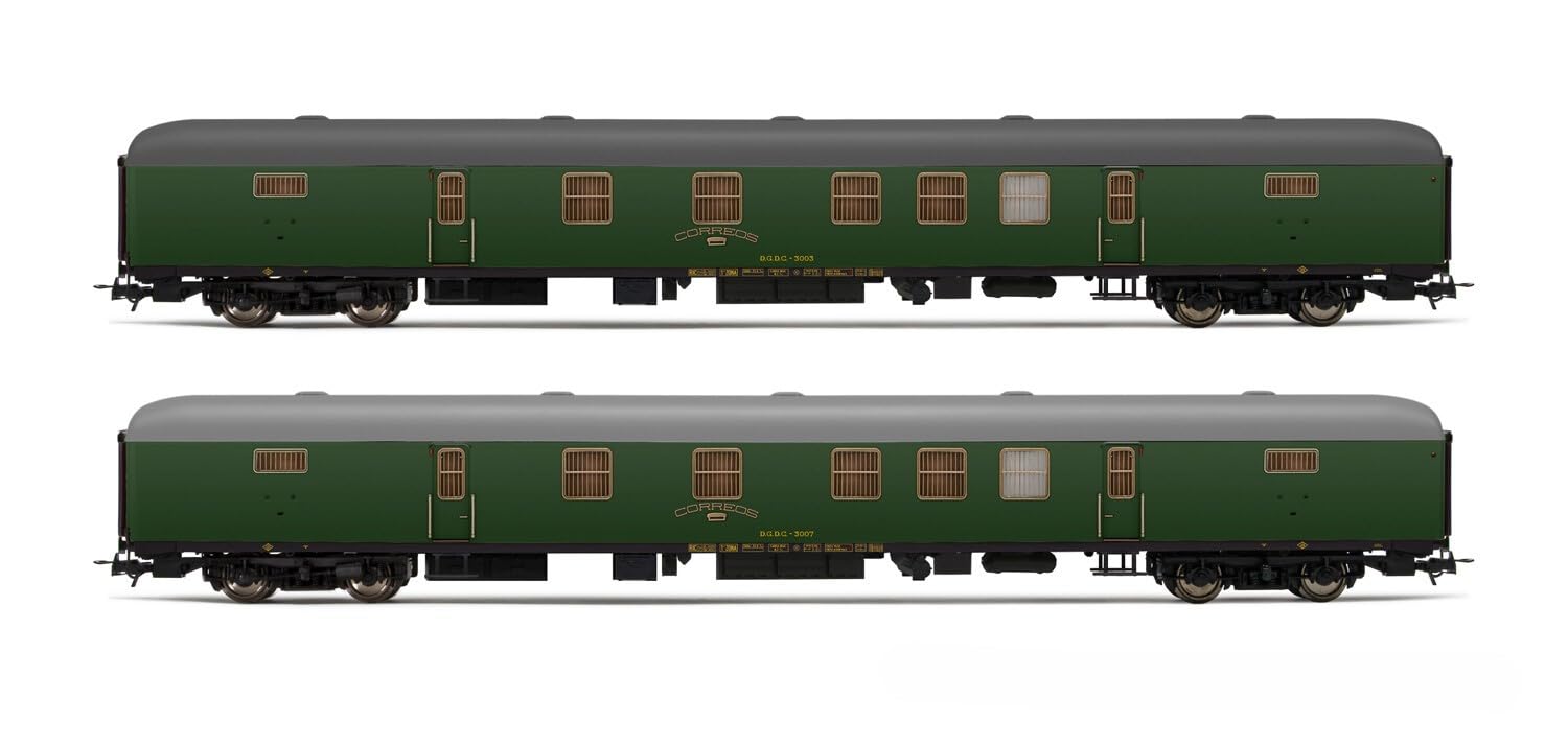 Electrotren HE4013 RENFE, 2-Unit Set DGDC-3000 Postal Van, Olive Green Livery, Period IV 1:87 Scale HO Gauge Hornby Hobbies Passenger Rolling Stock-Coaches, Various