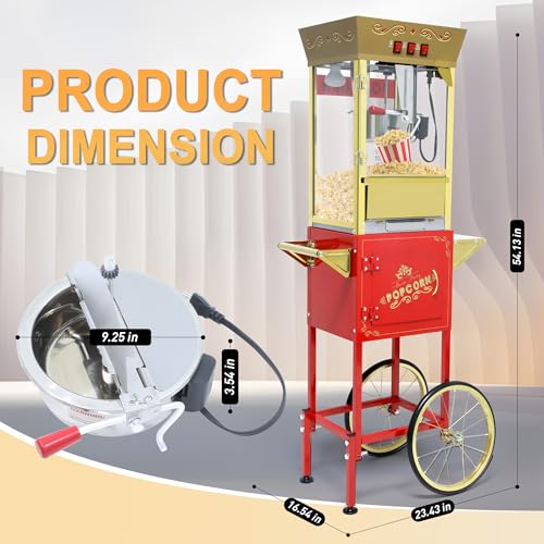 Image of Popcorn Machine with Cart & Wheels - Popcorn Maker with 14OZ Stainless Steel Kettle, popcorn popper for Home, Parties, Movie Theater, Red