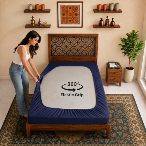Image of Lithara Terry Cotton Fitted Mattress Protector for Single Bed | Waterproof & Elastic Band | Ultra Soft & Hypoallergenic Mattress Cover | Size : 36 x 72 Inches (3 x 6 Feet) | (Navy Blue)