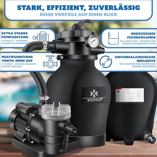 Bild 6 - KESSER® Sandfilteranlage Sandfilter+700g Filterbälle ersetzen 25kg Filtersand 7-Wege Ventil mit Druckanzeige Poolfilter 10 m³/h Filteranlage Filterkessel für Pool 10.200 L/h, Inkl. Wettercover,Schwarz