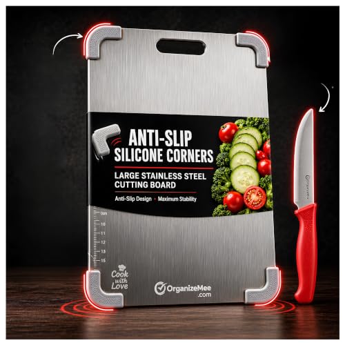 Image of Organizemee Stainless Steel Chopping Board Large 36 x 25 cm, Non Slip Cutting Board for Kitchen with Silicone Anti-Skid Corner Protectors, Rust Proof Steel Prep Board for Vegetables, Fruits & Meat