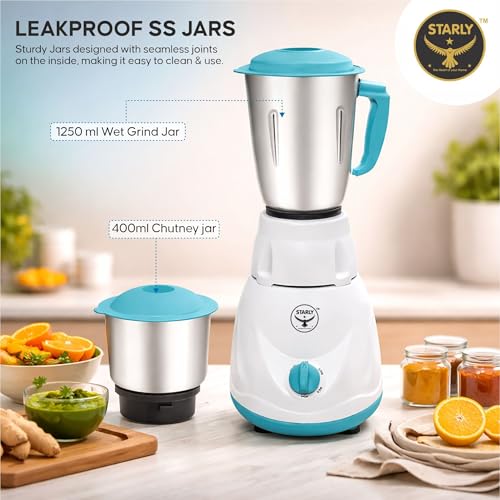 Image of Starly Grind Force 750W Mixer Grinder | 3 Stainless Steel Jars | ABS Body | 2 Years Warranty | Powerful & High Speed Mixie for Grinding, Mixing, Juicing (Blue & White)
