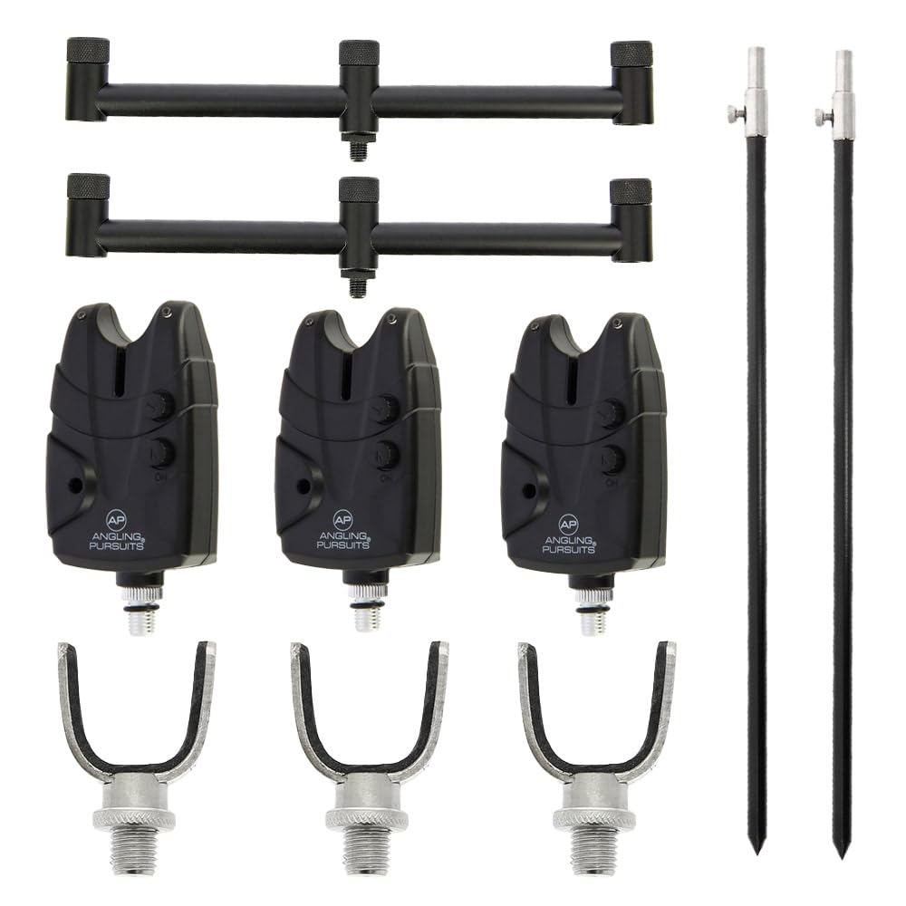 Rutenhalter Set - 2 Teleskop Bank-Sticks 50-90 cm, 2 Buzzer-Bars für 3 Ruten, 3 Edelstahl Rutenhalter, 3 Bissanzeiger, Angelrutenhalter Set, Rutenauflage, Angelrutenständer