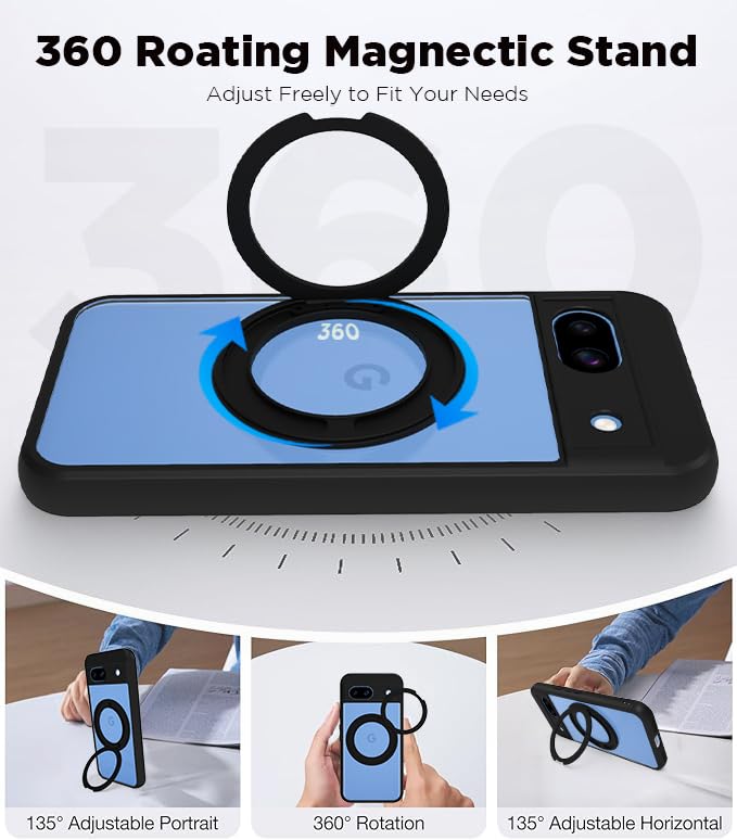 Image of RIGGEAR Shockproof Sleek Hybrid Armor 360 Rotating Magnetic Ring Stand Back Cover Case Compatible with MagSafe Accessories for Google Pixel 8A (Clear PC + Black TPU Bumper)