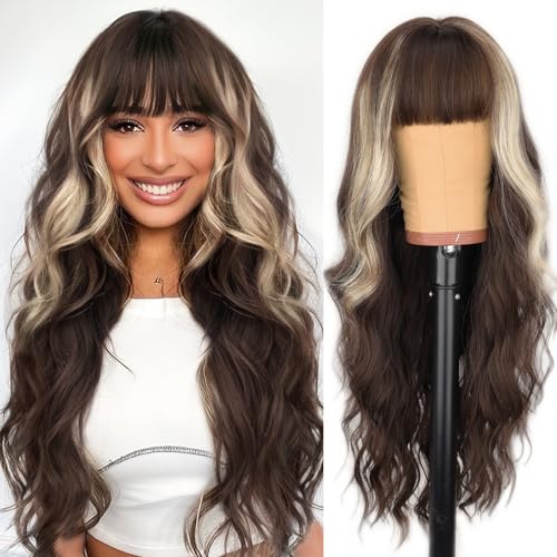 AISI HAIR Brown Mixed Light Blonde Wig with Bangs Long