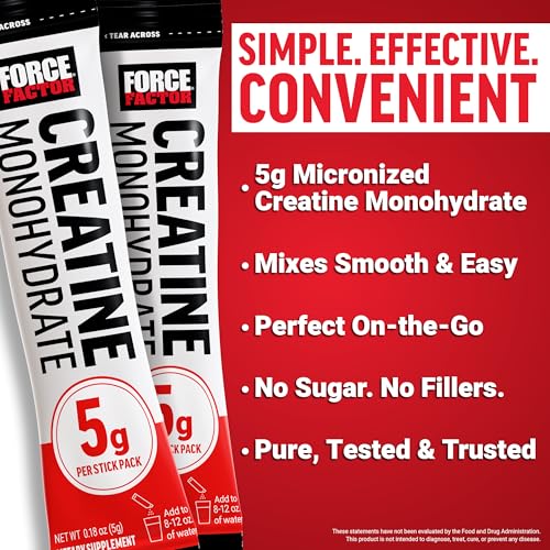 Image of Force Factor Creatine Monohydrate, 5g Micronized Creatine Powder for Muscle Strength, Performance, Recovery and Cognitive Support, On the Go Single Serve Travel Packs, Unflavored, 30 Packets