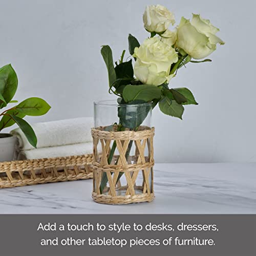 Image of Elements 3.74x3.74x5.91 Inch Seagrass and Clear Glass Hurricane, for Use with Wax or Flameless Candle