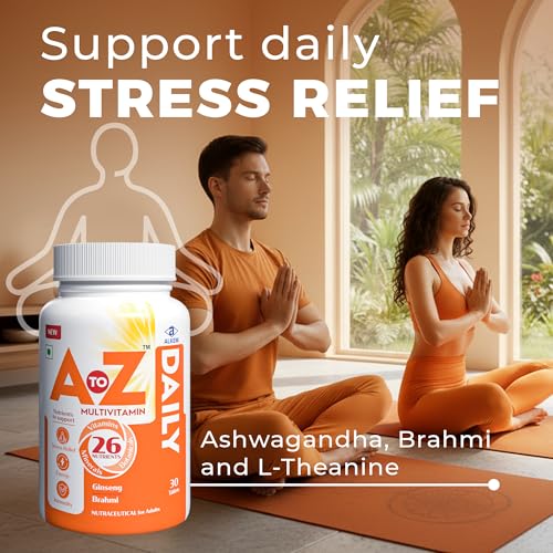 Image of A to Z Daily Multivitamin for Men & Women | 26 Essentials Vitamins & Minerals with Ashwagandha, Brahmi, Ginseng & L-Theanine | Energy, Immunity & Stress Support | 30 Veg Tablets