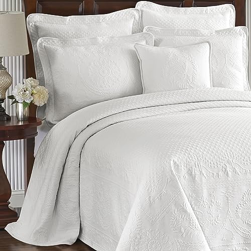 King Charles Modern Farmhouse Floral Matelasse Bedspread, 100% Cotton Breathable Bedding, Full/Queen, White