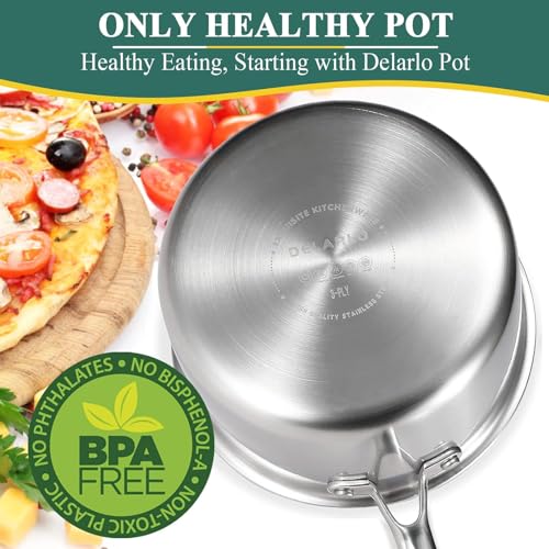 Image of DELARLO Whole Body Tri-Ply Stainless Steel 3 Quart Saucepan with Lid, Oven Safe 600℉, Heavy Duty Saucier Pan 3 Quart, Fast and Even Heat, Kitchen and Dining Sauce Pot, Induction Pot(Lids 300℉)