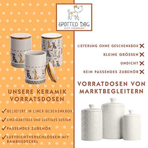 SPOTTED DOG GIFT COMPANY Vorratsdosen Keramik mit Deckel Luftdicht - 3 Vorratsbehälter vielseitig Aufbewahrungdose für Mehl Kaffee Tee Leckerli Zucker Dose, Kapazität je 1.2 Liter, Hunde Motiv