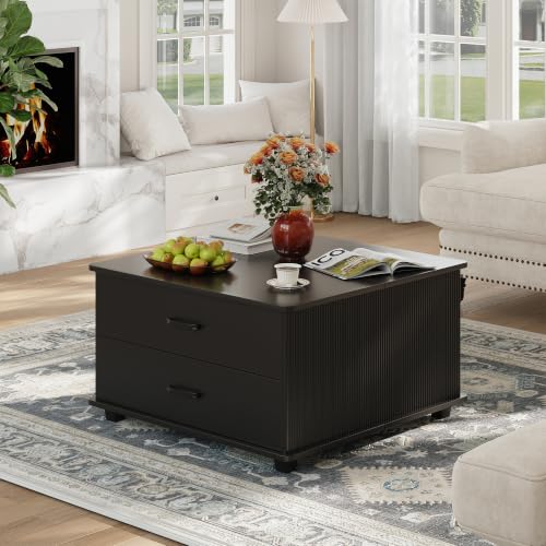 Image of MALOL Storage Coffee Table with 2 Drawers & Flip-Top Lid with Hidden Storage, Modern Fluted Wood Coffee Table, Solid Wood Legs, Square Center Table for Living Room, Black