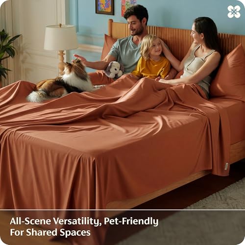 Image of Bedsure Queen Sheet Set, Rayon Derived from Bamboo, Cooling Sheets, PureWoven, Breathable & Soft, Deep Pocket Up to 16 Inches, Hotel Luxury Silky Bedding for Hot Sleepers, Burnt Orange