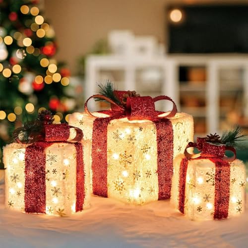 Set of 3 Christmas Lighted Gift Boxes, Pre-lit 60LED Light Up Present Boxes Ornament Outdoor, Boxes with Gold Snowflake, Battery Operated Christmas Decorations for Indoor Home, Party, Lawn Decor