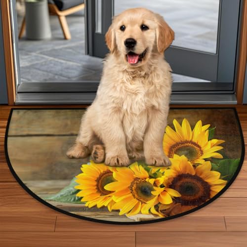 Image of cfpolar Half Round Door Mat Wood Sunflower Flower Floral Non-Slip Semi Circle Area Rug Washable Half Moon Hearth Rugs for Indoor Outdoor Bathroom Kitchen Patio Runner Mat Laundry Room Home Decoration