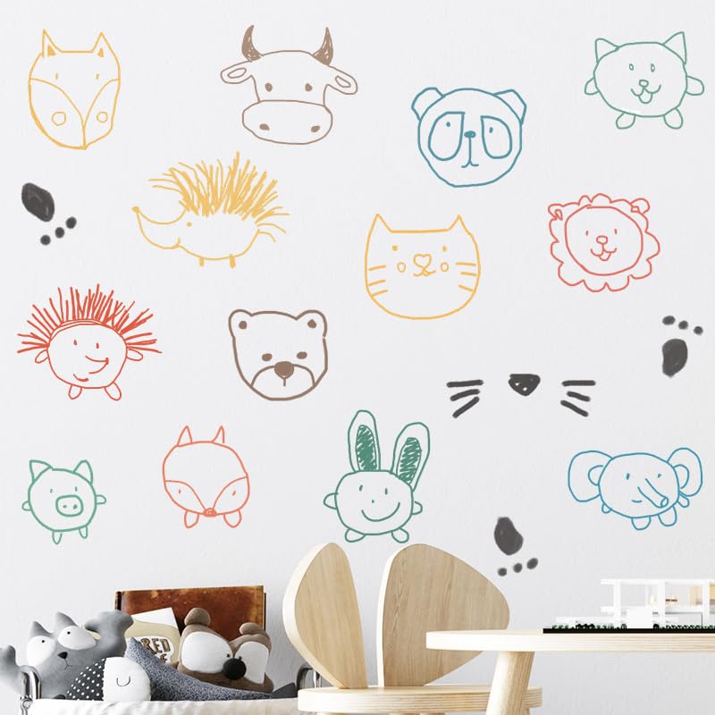 Image of Cartoon Animal Heads Wall Stickers for Kids Baby Wall Stickers for Kids Room Bedroom Playroom Nursery Living Room Decor Wall Art Wall Decoration Boho-Self-Adhesive
