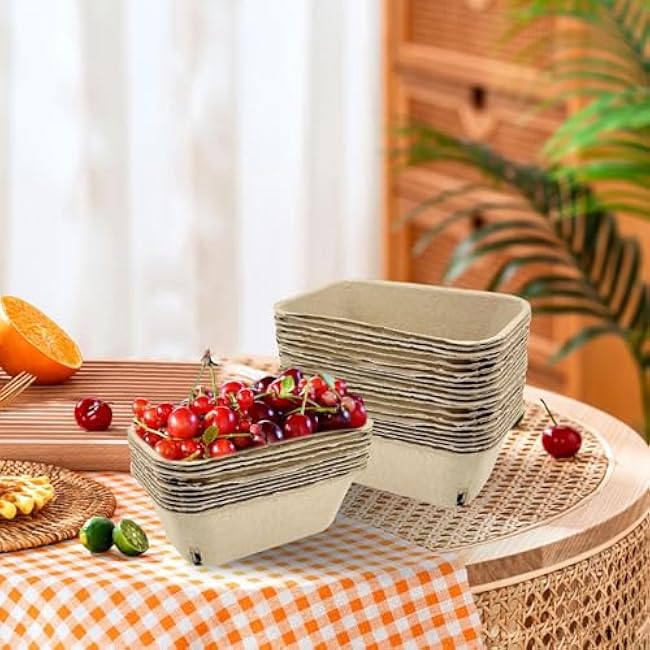 Pulp Fiber Berry Basket - Fresh Produce Vented Baskets | Paper Strawberry Basket | 50pcs Small Pulp Fiber Harvest Fruit Container For Packaging Fruits, Veggies, Blueberry Raspberry