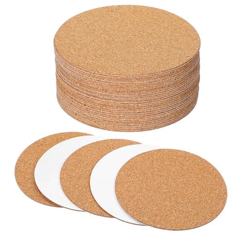 30 Pcs Round Cork Coasters Backs Self-Adhesive Cork Round 3 x 3 Inch Tiles Backing Sheets Mini Wall Mat Bottom Protection for Coasters Pads DIY Crafts Stone Wooden Surfaces Circles Brown Oak
