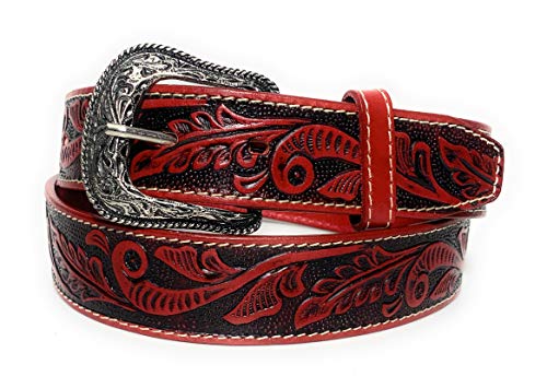 Women's Red Western Leather Belt, Tulip Embossed Cowboy Casual Belt