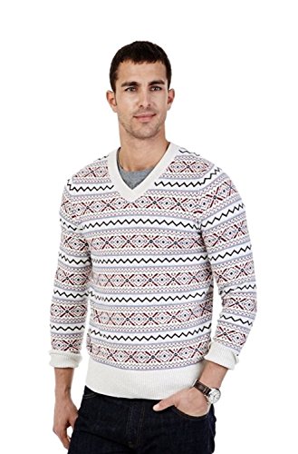 Nautica Fair Isle V-Neck Sweater, L, Oatmeal Heather