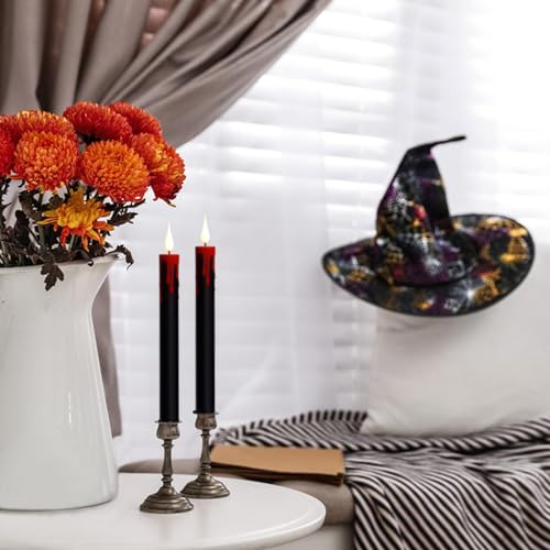 Image of Halloween Black Flameless Taper Candles Flickering with Remote Timer, Battery Operated Led Taper Candle, 4 Pcs Drip Wax Candlesticks for Halloween Decor Horror Party Table Window Decoration