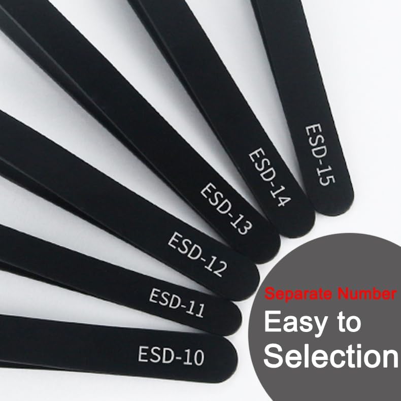 Miniatura 8 de Juego de pinzas de precisión, 6 piezas antiestáticas ESD industriales kit de pinzas industriales negro mate, se adapta para reparación de