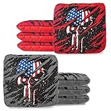 Play Platoon Tournament Series Professional Cornhole Bags Set of 8 - Pro Style Dual Sided Slick and Sticky Side Bean Bags for Tossing - Designed in USA - 4 Red & 4 Gray American Flag Skulls