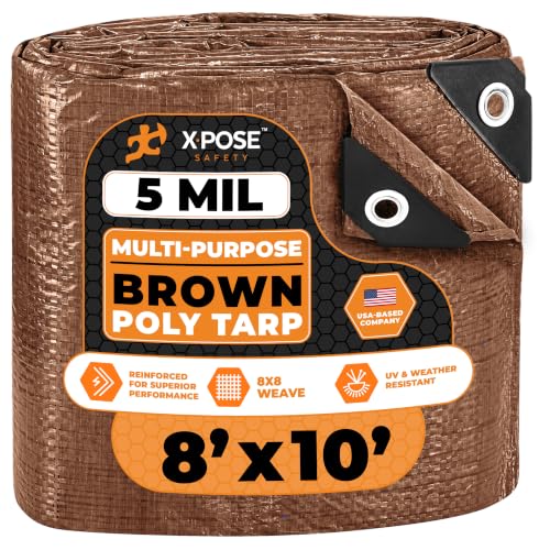 Image of Multipurpose Protective Cover Brown Poly Tarp 8' x 10' - Durable, Water Resistant, Weather Resistant - 5 Mil Thick Polyethylene - by Xpose Safety
