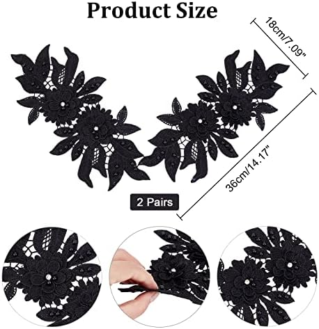 NBEADS 2 Pairs 3D Lace Applique Patches, Black Sew on Embroidery Lace Flower Patches Floral Motif Beaded Rhinestones Lace Trim Fabric Pearl Appliques for Sewing Wedding Bride Dress Shoes Decor
