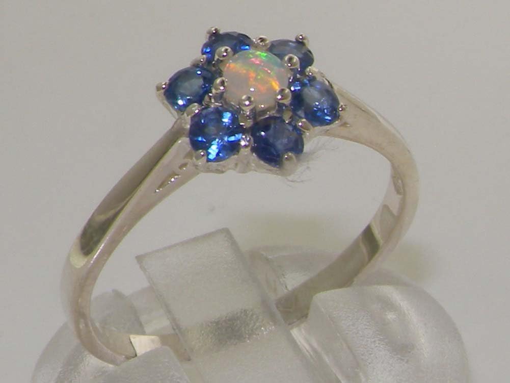 925 Sterling Silver Real Genuine Opal and Sapphire Womens Cluster Anniversary Ring