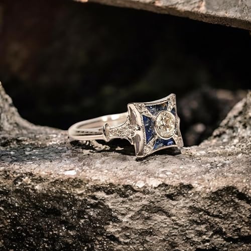 Vintage Old European Art Deco Diamond & Sapphire Ring for Women – Silver Plated Engagement Ring, Antique Style Square Halo Ring, Fine Jewelry Gift2