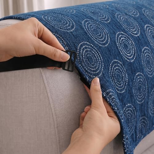Image of STITCHNEST 'Opulence Series' Floral Woven Sofa Cover for 2 Seater | Premium Soft Fabric Sofa Protector | Blue Circular Pattern with Tassel Edge Finish | Durable Living Room Furniture Cover