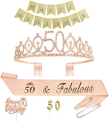 50th Birthday Sash And Tiara Gold 50 & Fabulous Sash Rhinestone Crown Balloons Birthday Cake Topper For Women Birthday Gift Party Decorations Supplies~p85899978 - View #12
