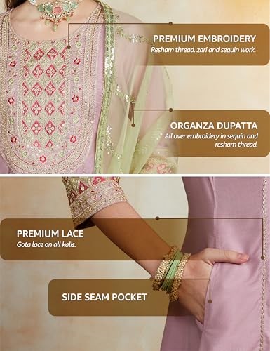 Image of Amazon Brand - Myx Women's Embroidered Anarkali Kurta Set with Organza Dupatta (Available in Plus Sizes)