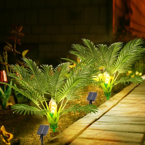2 Pack Artificial Plants Outdoor with Solar Light 25" Prelit Christmas Tree with Spike Pathway Light with 8 Lighting Modes for Xmas Decoration Yard Patio Garden Walkway Sidewalks Landscape- Palm Tree