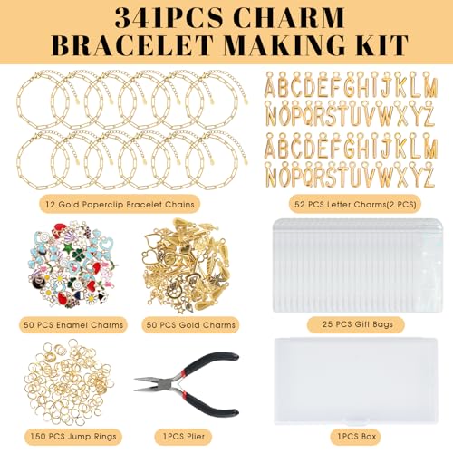 Image of Himake 341Pcs Gold Charm Bracelet Making Kit, DIY Jewelry Making Supplies, Including Paperclip Chain Bracelets, Jump Rings, Charms, Gift Bags, Pliers, Box for Jewelry Making