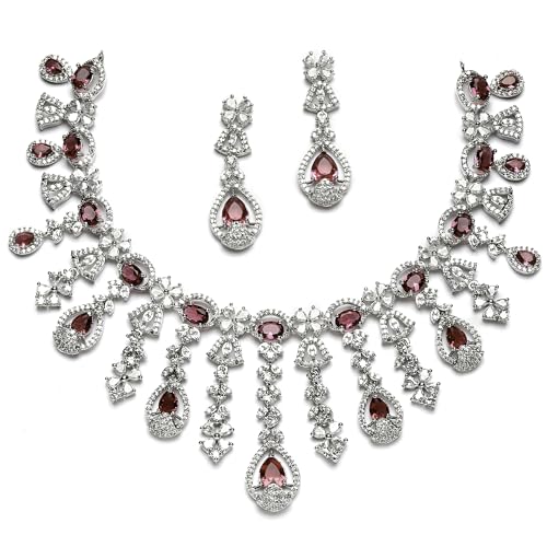 Image of ZENEME Rhodium-Plated Silver-Toned Emerald-Cut American Diamond Floral Link Necklace Set with Pear Drop Earrings for Women & Girls