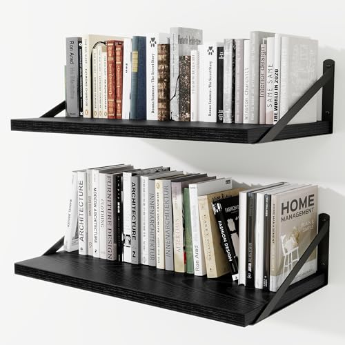 12" Deep Wall Shelves with Metal Brackets, 24" Wide, Black Finish, 2pcs