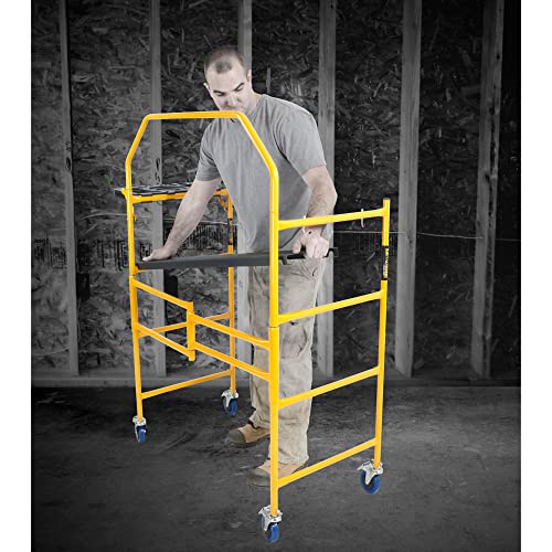 Metaltech Jobsite Series 4 Foot Tall Heavy Duty Portable Adjustable Mobile Scaffolding Platform And Ladder With Locking Wheels, Yellow #TOP4