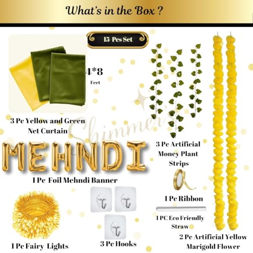Image of Shimmers Mehndi Decoration Kit 15 Pcs Set, Mehndi Foil Banner with Yellow Green Net Curtain, Artificial Money Plant Strings, Marigold Flowers, Ribbon for Haldi Mehendi Function Decor