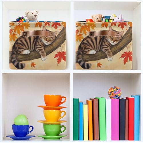 Image of Wamika Fall Cat Kitty Storage Basket with Waterproof Liner and PU Handles Autumn Maple Leaves Storage Bins Boxes 14.2 inch Collapsible Decorative Organizer Baskets for Bedroom Closet Office 1 Pack