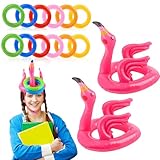 Jeu de lancer d'anneaux Flamingo : 14 pièces au total, comprenant 2 jouets gonflables Flamingo et 12 anneaux gonflables colorés.