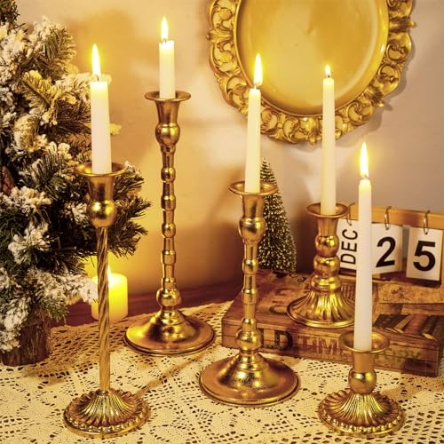 Suclain Brass Gold Candlestick Holders and Taper Candles Set 12 Vintage Taper Holders with 12 Tall Candles Decorative Candlestick Modern Centerpiece for Wedding Birthday Halloween Christmas by Suclain - Image 2