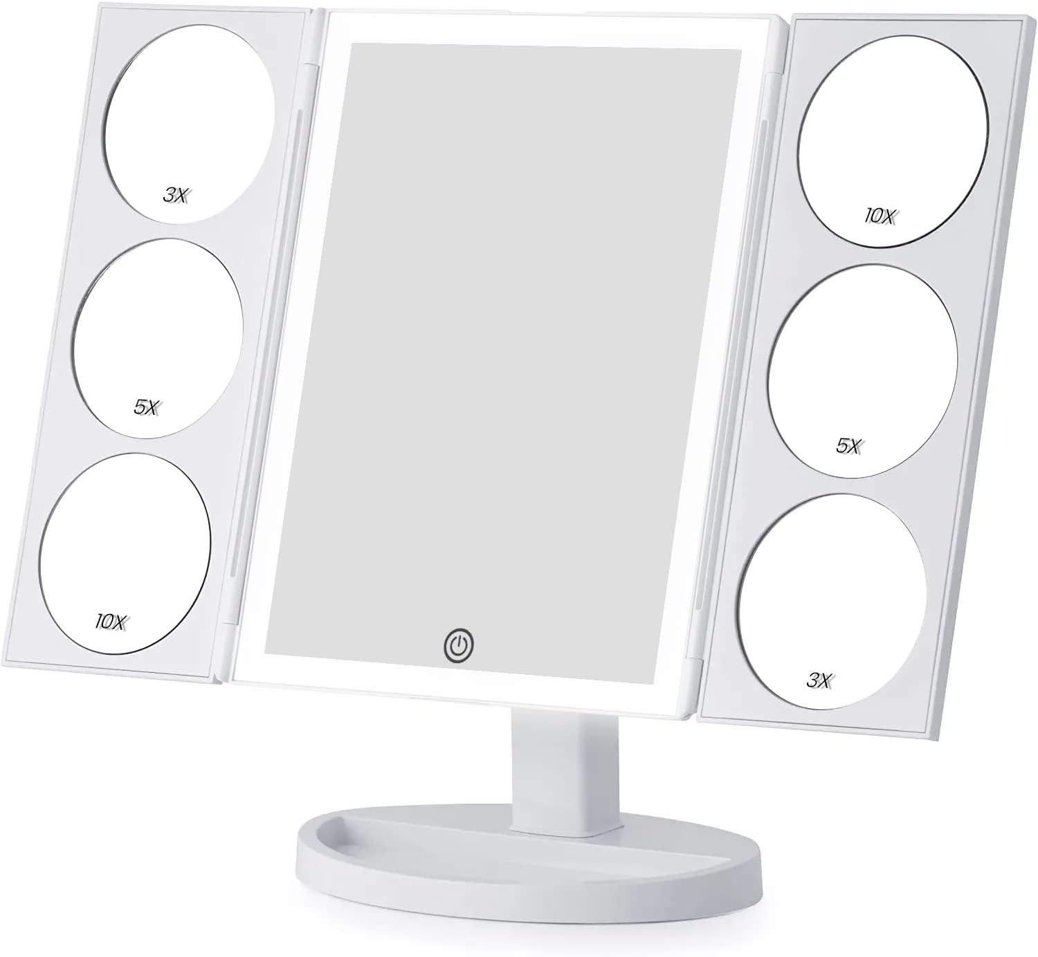 MIRRORVANA® X-Large Vanity Makeup Mirror with 44 LED Lights, 3 Color Lighting Modes, 10X 5X 3X Magnifying Panels, Dual Power Supply, 360° Rotation and Touch Screen Dimmer Switch on HD Glass (White)