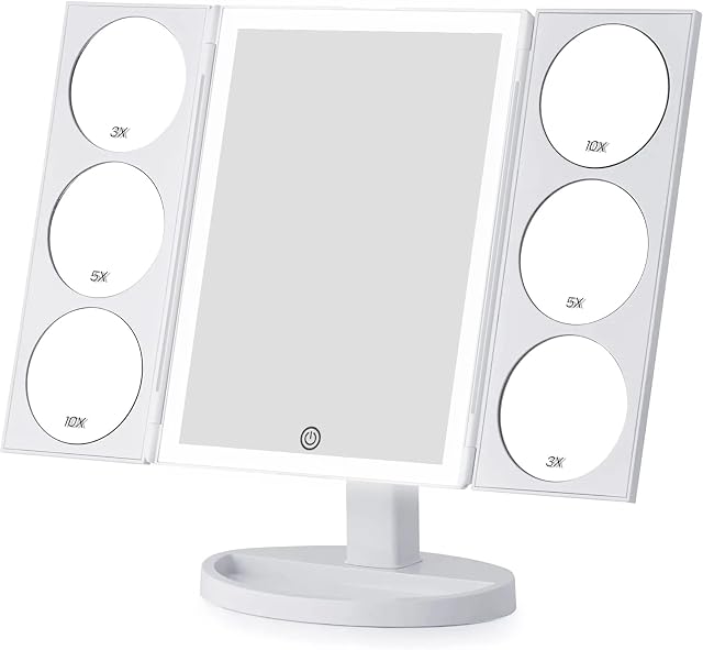 3-Way Illuminated Makeup Mirror with LED Lights for Dressing Table - Triple 10X/5X/3X Magnifying 3-Color Lighting Beauty Mirror for Make Up and Cosmetics - USB Power Cable & 180° Rotation (XL MODEL)