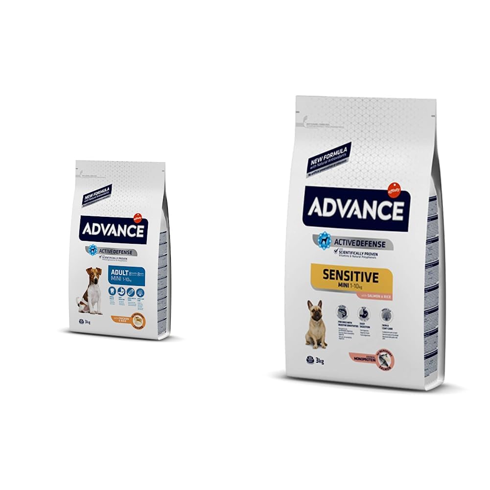 Advance Mini Adult Chicken, Small Breed Adult Dog Food with Chicken, 3 kg & Mini Sensitive Salmon, Food for Small Breed Dogs with Digestive Sensitivities with Salmon, 3 kg