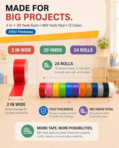 Image of 24 Pack Colored Duct Tape Heavy Duty Rainbow Bright Variety Bulk