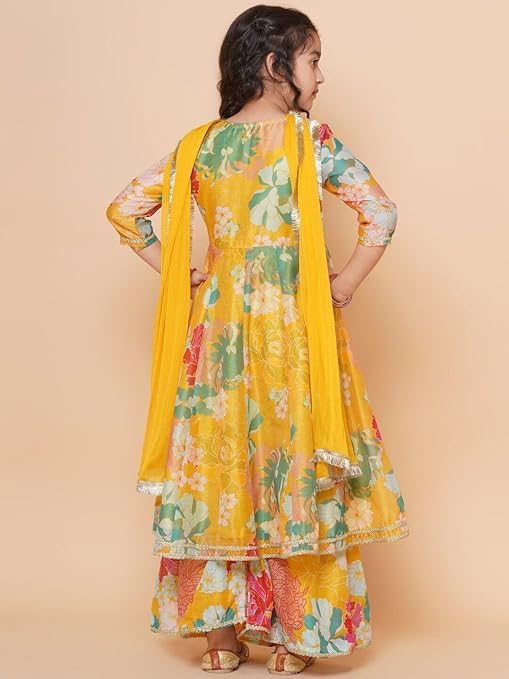 Girls Party Wear Rayon Fabric Floral Printed 3/4 Sleeves Anarkali Kurta Sharara with Dupatta4